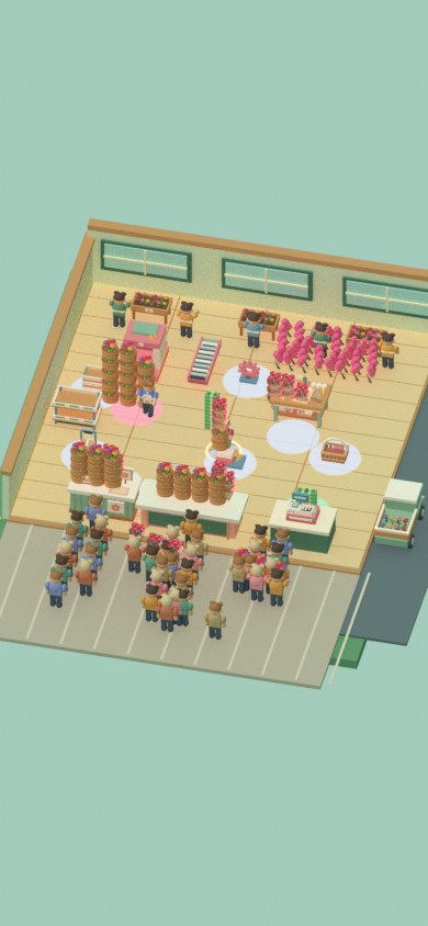 花开小店的三维场景：木地板花店、粉色包装机、花篮与等待买花的顾客